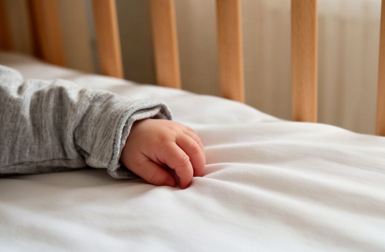 Dłoń niemowlęcia na prześcieradle w łóżeczku, obok śpiworek do spania i drewniany szczebelek