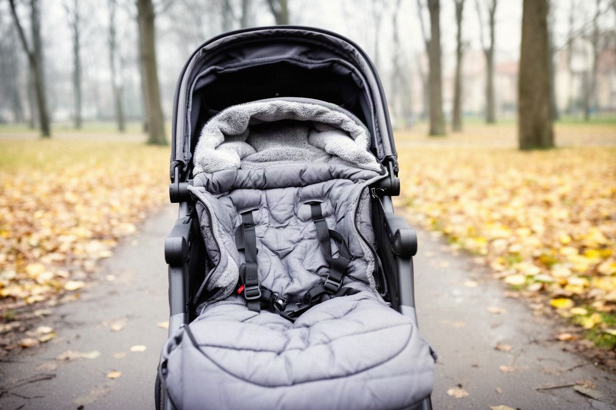 Zimowy śpiworek z kapturem w pustej spacerówce na mokrej alejce w jesiennym parku